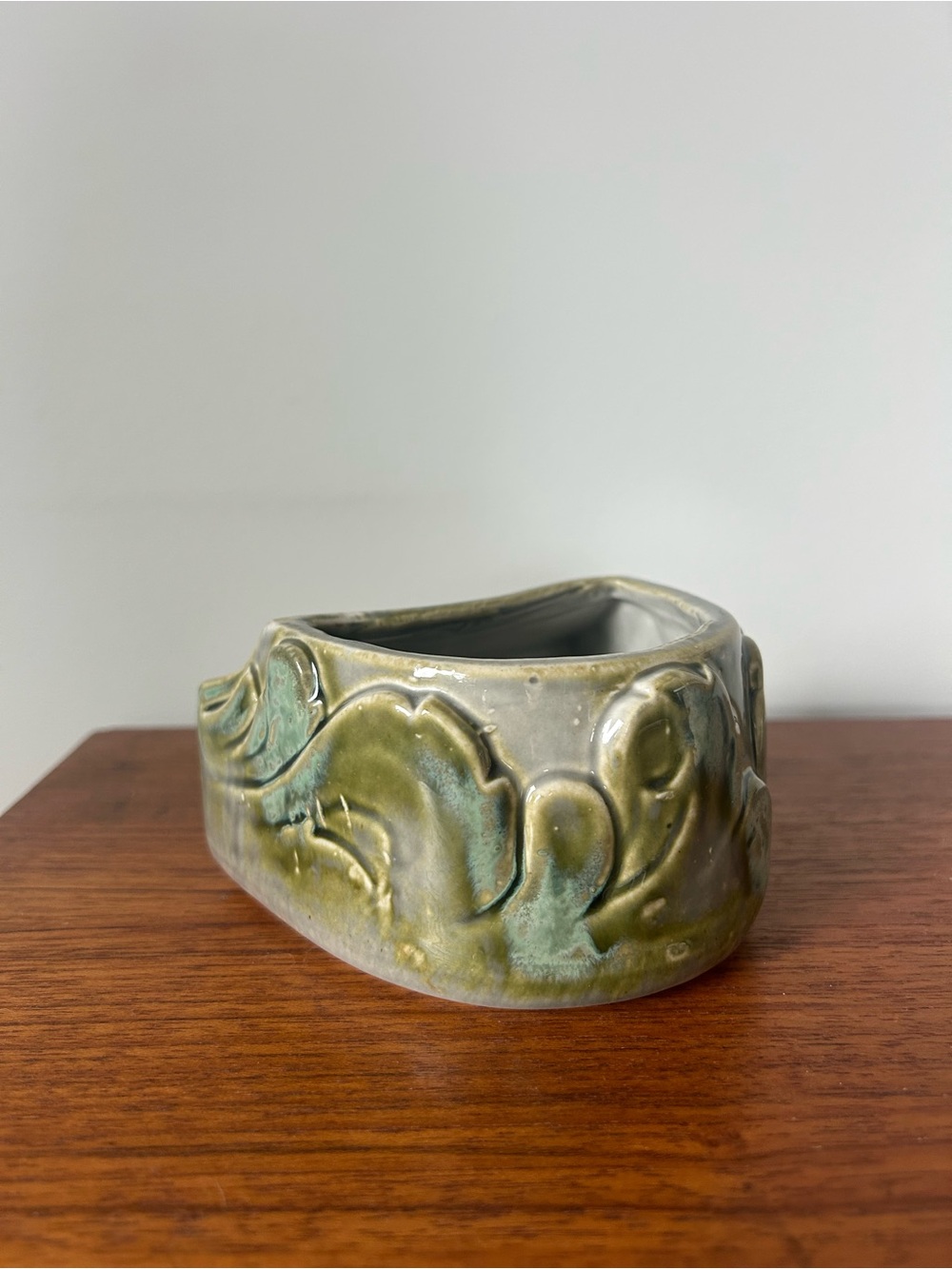 Mid Century Green Ceramic Decorative Planter Sculpted Motif Trinket Box MCM